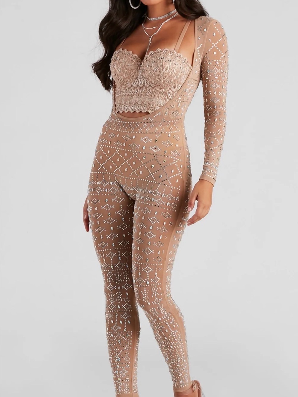 VIRAL Windsor Nude Beaded Jumpsuit - VS Angel Halloween costume